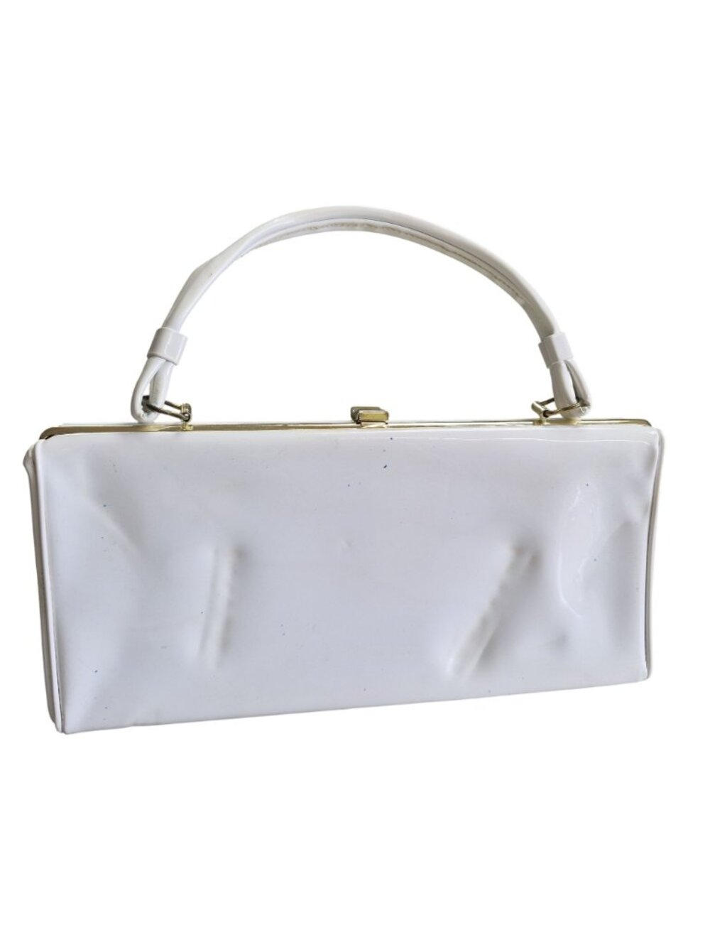 Retro White Shiny Vinyl Handbag Gold Frame Top Handle Clutch Purse Bag - Picture 3 of 10